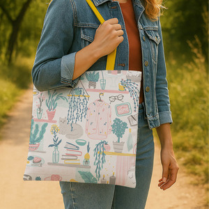Sac fourre-tout personnalisé en toile de lin et coton de taille moyenne avec impression artistique de lettres sur tableau d'humeur en corde, réutilisable pour la publicité, l'usage quotidien et les cadeaux - Product Image 2