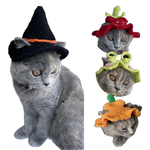 Gorro de ganchillo para gato, disfraz de gato espeluznante, gorro de punto con trenza para Halloween, sombrero de bruja hecho a mano con orificios para las orejas, gorro de ganchillo para mascotas con hilo no tóxico - Product Image 2