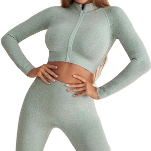 Ensemble de yoga sans couture personnalisé pour femmes, haut court à manches longues et fermeture éclair, pantalon de fitness taille haute - Product Image 6