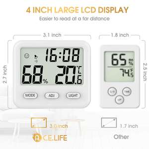 مقياس حرارة ورطوبة رقمي مع ساعة منبه وشاشة LCD مضاءة خلفياً لقياس درجة الحرارة والرطوبة الداخلية للغرفة والمكتب والطاولة - Product Image 3