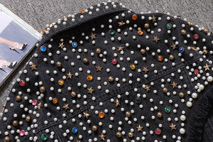 แจ็คเก็ตยีนส์สีน้ำเงินทรงโอเวอร์ไซส์สำหรับผู้หญิง แต่งชายเสื้อแบบรุ่ย แขนยาว เหมาะสำหรับฤดูใบไม้ร่วง ประดับมุกและโลโก้ ลายเรียบ - Product Image 3