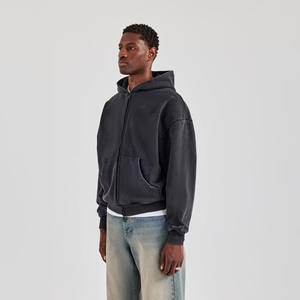 Men 450 GSM French <b>Terry</b> Zip Up Hoodie Vintage Acid Wash Distressed Streetwear Custom Black Washed Casual <b>Bulk</b> Wholesale OEM - Product Image 2