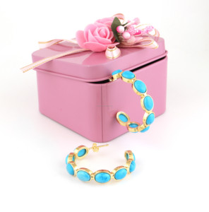 <b>Huggie</b> Turquoise <b>Hoop</b> Stud Earrings 18k Gold Plated Natural Gemstone Earrings Jewelry - Product Image 1