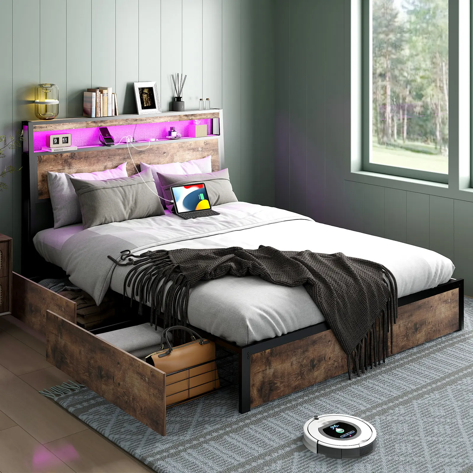 Полная металлическая кровать размера «King/ Queen-size» с подсветкой USB и RGB