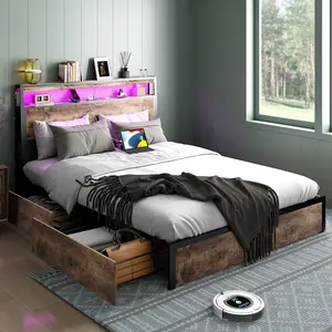 Cama de metal de estilo de diseño de granja tamaño completo/King/ Queen con iluminación USB y RGB