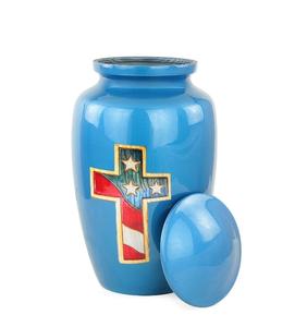 Urna de recuerdo de cremación de latón con crucifijo azul hecho a mano, cenizas de adulto de lujo, tamaño personalizado, estilo moderno para restos humanos - Product Image 6