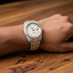 PJ Mens Alloy Business Moissanite Watch Two Tone Yellow Gold Mother of Pearl Dial Diamond Cluster Bracelet Custom Logo Wholesale - Product Image 6