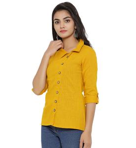 Blusas Casuales de Mujer con Estampado Sólido, Manga 3/4, Algodón Ligero y Cuello con Pliegues, Blusas de Verano de Color Amarillo, Moda al por Mayor - Product Image 3