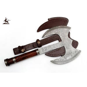Hache à double lame en acier damas faite à la main avec manche en bois de rose Outil de chasse Bushcraft de qualité industrielle - Product Image 1