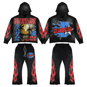 Chándal lavado con ácido, conjunto de chándal de lana de 2 piezas, pantalones de chándal Vintage acampanados, sudadera con cremallera completa, chándales holgados para hombre OEM - Product Image 1