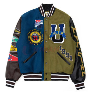 เสื้อแจ็กเก็ตมหาวิทยาลัยสำหรับผู้ชายแขนหนังพิมพ์ลายพิมพ์ซับลิเมชันการออกแบบเบสบอลสำหรับฤดูหนาวเสื้อบอมเบอร์ไฮสตรีท - Product Image 1
