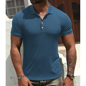 Men's <b>Blue</b> Ribbed <b>Polo</b> <b>Shirt</b> Short Sleeve Knitted Casual Solid Color Breathable Top - Product Image 3
