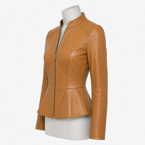 Luxury <b>Women</b> Tan Genuine Leather Peplum Jacket Slim Fit Stand Collar Front <b>zip</b> Elegant Fashion <b>Top</b> OEM Private Label Outerwear - Product Image 4