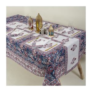 Nappe de table en coton brodé de style bohème, imprimée à la main, motif floral bleu, pour banquets, hôtels, chemin de table - Product Image 1