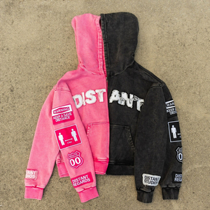 Sudaderas con capucha rosas de peso pesado vintage lavadas con ácido 500 GSM con parches desgastados con logotipo personalizado o espacios en blanco para hombres Sudadera con capucha unisex - Product Image 2