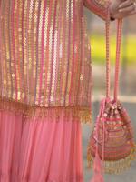 Ensemble Kurti Salwar Dupatta pour femme, rose pêche, brodé, en Georgette Fox épaisse, longueur ras du sol, tenue de soirée, costume ethnique festif