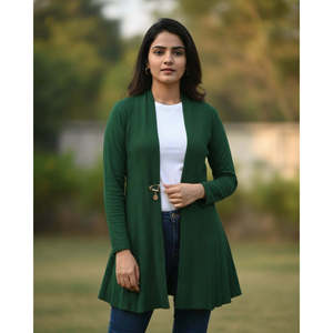 Winter Woolen Long <b>Knitted</b> <b>Shrug</b>-Bottle Green with Print Patchwork & Lace - Product Image 5