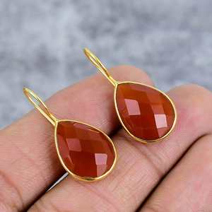 Boucles d'oreilles en argent sterling 925 faites à la main avec pierre précieuse en forme de goutte de poire en cornaline facettée, fil d'attache pour boucles d'oreilles, bijoux plaqués or - Product Image 3