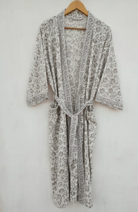Magnifique robe de nuit longue en coton imprimé à la main, respirante, de luxe, avec ceinture et cordon de serrage, vêtements pour femmes - Product Image 3