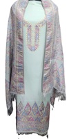 Salwar Kameez en cachemire non cousu, écologique, lavable, infroissable, à manches longues, col en V, avec boutons en dentelle et motif floral, style pashmina