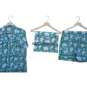 Ensemble de pyjama à manches courtes à col en V avec cordon de serrage imprimé floral indien romantique 100% coton pur fait à la main Doux et respirant - Product Image 4