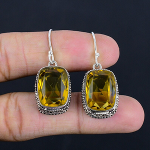 ต่างหูแบบห้อยทำมือตะขออัญมณีเหลี่ยมเพชรพลอยซิทรินสีเงิน925สำหรับเป็นของขวัญ - Product Image 1