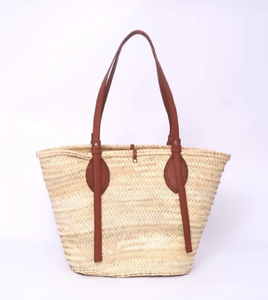 Fourre-tout en paille marocaine tissé à la main-Panier français avec poignées en cuir | Sac de vacances à bandoulière en raphia - Product Image 4
