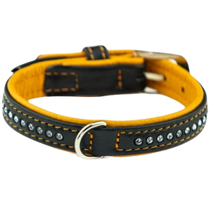 Collier de chien en cuir véritable noir le plus vendu avec collier de chien rembourré jaune et clous de cristaux Fabricant de fournisseur indien supérieur - Product Image 2