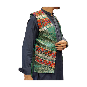 Garçons traditionnels vert Afghani laine gilet doré broderie décontracté ethnique à la main gilet pour l'automne Eid mariage Mehndi porter - Product Image 2