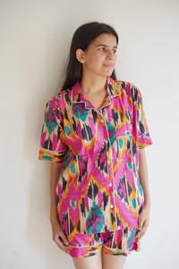 ชุดนอนพิมพ์ลายแบบบล็อกทำจากผ้าฝ้ายชุดใส่กลางคืนสำหรับผู้หญิงชุดนอนกางเกงขาสั้นและเสื้อเชิ้ตผ้าฝ้ายอินเดีย - Product Image 3