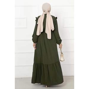 Robe décontractée aérobine kaki demi-boutonnée à volants - Product Image 1