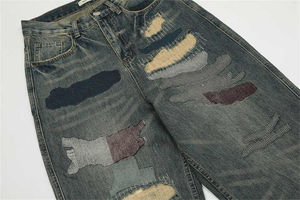 Pantalones vaqueros rectos sueltos clásicos de algodón 100% de alta calidad para hombre, cintura media, transpirables con retazos y bolsillos grandes - Product Image 2