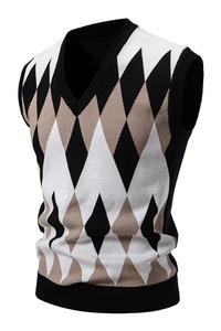 Nuevo invierno de los hombres de moda Impresión digital Color a juego O-cuello sin mangas Fleece 100% algodón forrado suéter Casual chaleco - Product Image 3