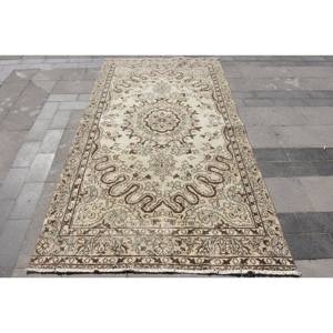 Alfombra de lana tradicional Beige marrón de 4,7x8,7 pies, diseño de retazos turco para entrada, sala de estar, dormitorio, respaldo de látex Rectangular - Product Image 1