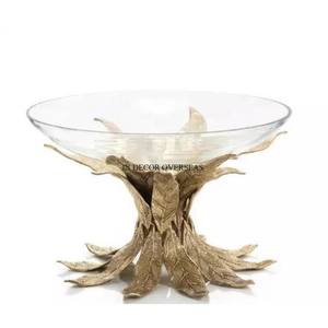 Bol de forme ronde miroir en verre clair inspiré de l'art vintage rustique avec des feuilles plaquées or Designer Base en métal Fourniture de maison et d'hôtel - Product Image 1