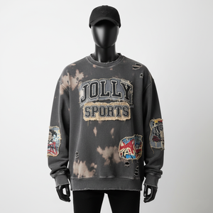 Premium 330 GSM sudadera de lana de algodón estilo extragrande lavado negro tela desgastada parche bordado básico sudadera - Product Image 1