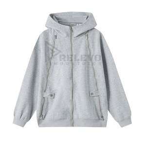 Three Zip Diseño elegante Alta calidad Lavado con ácido Streetwear 400gsm Desgastado Invierno Suelto Hombres de gran tamaño Cremallera Sudadera con capucha - Product Image 1