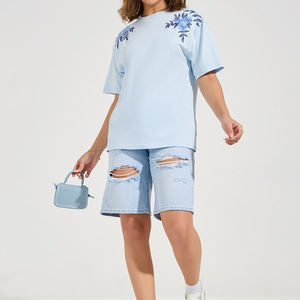 Gran oferta, camiseta gruesa y pesada de alta calidad, camiseta en blanco de algodón transpirable con estampado bordado personalizado para mujer - Product Image 3