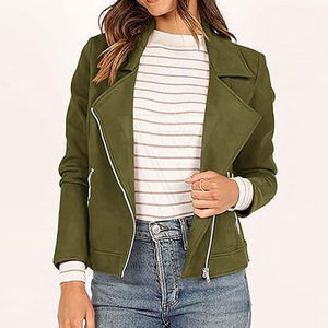 แจ็กเก็ตหนังนิ่มสำหรับผู้หญิงซิปสีพื้นระบายอากาศได้ดีสำหรับฤดูหนาวดีไซน์ใหม่คลาสสิก - Product Image 3