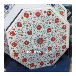 La conception la plus attrayante nouvellement indienne faite à la main en marbre blanc de forme octogonale belle incrustation de fleurs dessus de table à manger pour le café - Product Image 1
