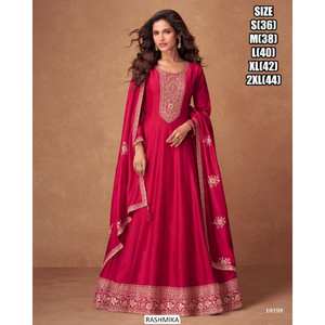 Vestido de seda Anarkali 2025 mangas completas acampanado largo sin esfuerzo celebración Eid musulmán indio étnico boda festivales Chinnon seda - Product Image 6