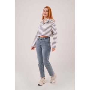 Sudadera con capucha corta para mujer, azul marino a rayas, con cuello polo, al por mayor - Product Image 2