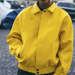 Veste en cuir véritable Veste en cuir à la mode pour hommes Streetwear Manteau en cuir brillant Vestes à glissière Letterman pour hommes - Product Image 6