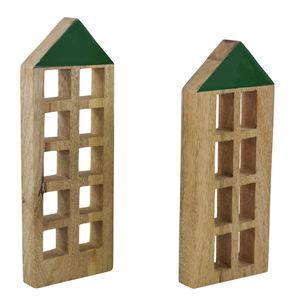 Figurine décorative de maison haute en bois avec toit vert - Product Image 1