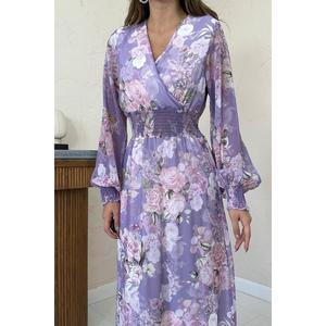 Vestido Midi de Gasa con Volantes Tejidos en Color Lila Sólido para Otoño - Product Image 5