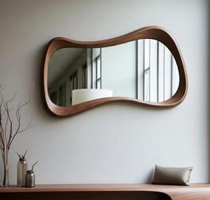 Solid Walnut Organic Eco-Friendly Art Deco Mirror with <b>Hand</b> Carved Asymmetric <b>Wooden</b> Frame at Cheap Price - Product Image 1