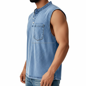 Camiseta Henley sin mangas de mezclilla para hombre, personalizada OEM, estilo vintage, lavado azul, chaleco informal de jean con bolsillo en el pecho - Product Image 2