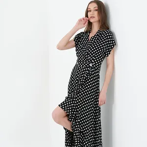 Women's Summer Spr'ng Black Dots Detailed V-Neck Fit and Flare Maxi Short Sleeve Casual Dress Fashion Hot Sale OEM ODM Clothing