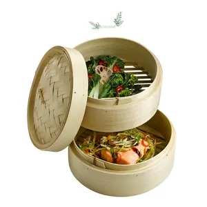 Bamboo Steamer 20 cm Asian Steamer Basket with 2 Levels for Dim Sum, Vegetables, Meat, with Lid and 2 Bamboo Steamer Baskets