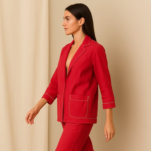 Conjunto de blazer rojo llamativo para mujer en poliéster suave con chaqueta de manga tres cuartos y pantalones a juego en tallas M, L, XL y XXL. - Product Image 1